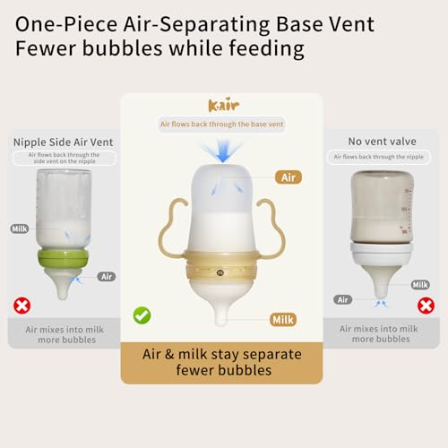 Kair Anti-Colic Baby Bottle Set Medium Flow 8oz for 6-9M L Nipple | 30° Twist Lock, Silicone Skin-Like Nipple for Newborn, with Cleaning Kit, 2 Pacifiers & Gravity Straw, New Parents Gift Box