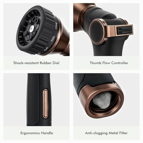 RESTMO Water Hose Nozzle Heavy Duty, Garden Hose Sprayer Thumb Control | Premium Zinc Alloy Metal, 8 Spray Patterns, Flow Adjustable, for Outdoor Plants & Lawns Watering, Cars & Pets Washing, Brown - color: Brown