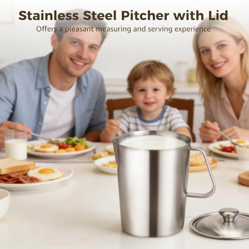 Stainless Steel Pitcher with Lid, 2 L/70 oz Measuring Cup with Dual-Scale Markings, Milk Frothing Jug, Large Beaker for Espresso Machine, Hot/Cold Water, Latte Art, Iced Tea, Coffee Drinks