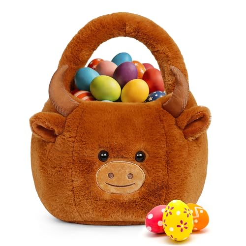 Easter Basket, Easter Baskets for Kids, Highland Cow Baskets with Handle for Gifts Empty, Bunny Egg Hunting, Basket Stuffers Essentials - color: Highland cow
