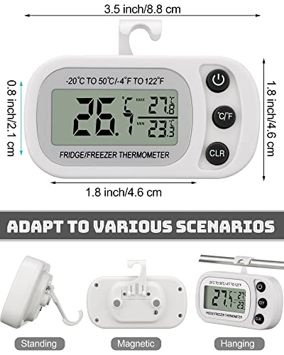 Frienda 4 Pcs White Digital Fridge Thermometer Waterproof Refrigerator and Freezer Max/min Record Function LCD Screen Refrigerator Thermometer with Hook and Magnetic Back for Home (Button) - color: White, size: Button