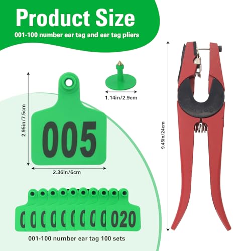 Cattle Ear Tags 001-100, 100Pcs Plastic Livestock Ear Tag for Cows Goats Sheep Pigs with Pliers Applicator & 2 Pins, Animal ID Tags for Ranch Farm Herd Tracking, Laser Print (001-100, Green) - color: Green