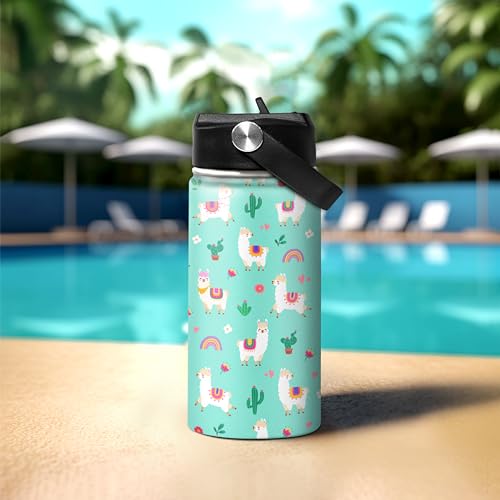 SANDJEST Kids Water Bottle Alpaca Llama Water Bottles 12oz with Straw Insulated Stainless Steel Travel School Tumbler Double Wall Vacuum Cup for Girls Kid - color: Llama