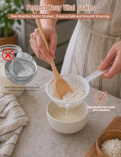 LynxLink Kefir Starter Kit - 64oz Thickened Glass Kefir Jar with Lid - Metal-Free Fine Mesh Strainer for Milk & Water Kefir - Complete Fermentation Kit with Stick-on Thermometer
