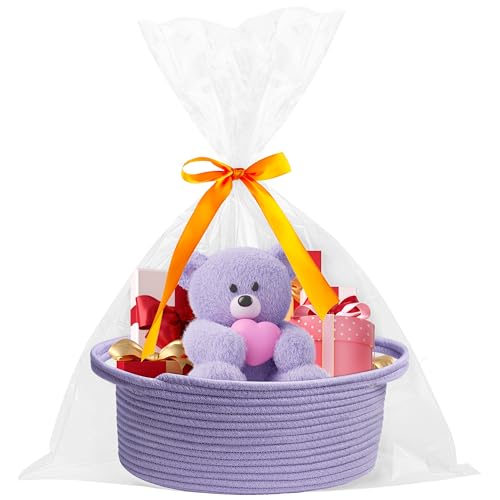 Pro Goleem Small Woven Basket with Gift Bags and Ribbons Durable Baskets for Gifts Empty Small Rope Basket for Storage 12"X 8" X 5" Baby Toy Basket with Handles, purple - color: Purple