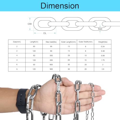 Metal Utility Chain, 304 Stainless Steel Safety Chains Clothesline Hardware Long Link Chain Rings Heavy Duty Coil Chain for Hanging Pulling Towing (2mm/5ft)