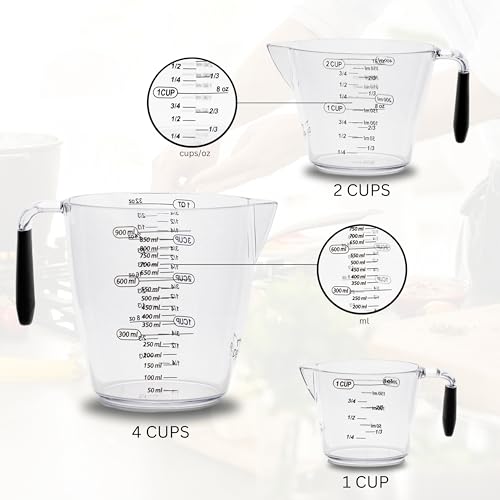 Dalup Measuring Cup Set – Clear Plastic Liquid Measuring Cups (8/16/32 oz) with Spout & Non-Slip Handle | 3-Piece Plastic Measuring Cup Set for Liquids & Dry Ingredients