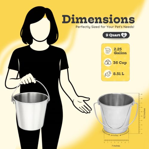 9Qt Round Stainless Steel Heavy Duty Dog Water Bucket, 2-Pack | Food & Water Pail, 2.25 Gallon Capacity, Heavy-Duty, Round Design with Carry Handle, Ideal for Dog, Cats, Goat & farm animals - size: 9 Quart (Pack of 2)