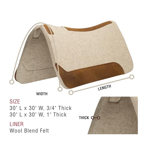 Weaver Equine Wool Blend Felt Western Saddle Pad for Horses, 30" x 30" | Shock-Absorbing Shape Helps Reduce Pressure & Improve Comfort for Long Rides, Daily Training, Trail & Ranch Work, Tan - size: 30" L x 30" W - 1" Thick