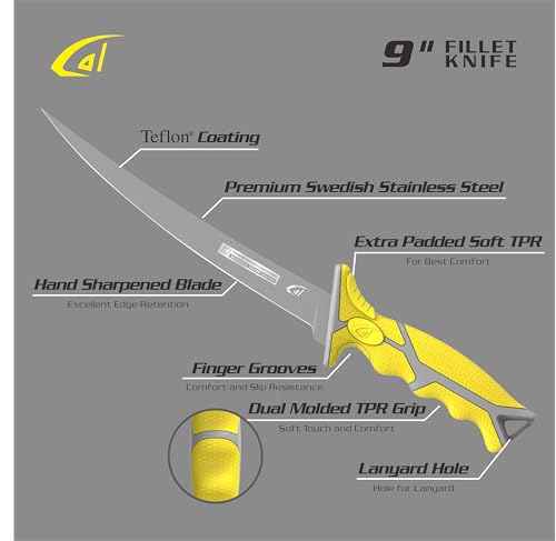 danco 9-Inch Karl Flex Fillet Knife with Swedish Steel Blade and Sheath | 9-Inch Karl Flex Fillet Knife, Swedish Stainless Steel Blade, Non-Stick Teflon Coating, TPR Grip, Sheath, Fresh/Saltwater - size: 9"