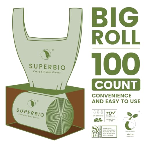 SUPERBIO 2.6 Gallon Compostable Bags with Handles, 100 Count,1 Pack, Food Scrap Bags Certified by BPI and OK compost INDUSTRIAL, 9.84L | Food Scrap Bags, Certified by BPI and OK compost HOME, 9.84L - color: 2.6 Gallon with Handles, 100 Count