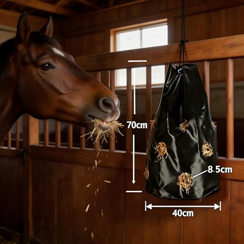 Hay Bag for Horses, Rugged Slow Feed Hay Bags for Goats,Sheep,Donkey,Cows, Alpacas and Ostriches, Premium PVC Waterproof Horse Feeder with 9 Holes,Tear-Resistant, Easy to Fill, Large Opening