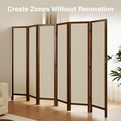 Linen Room Divider Privacy Screen, Foldable Wood Frame Partition Room Dividers with Removable Linen Fabric Curtain, Room Divider Panel, Zero Assembly for Home, Office, or Studio Brown 6 Panel - color: Brown