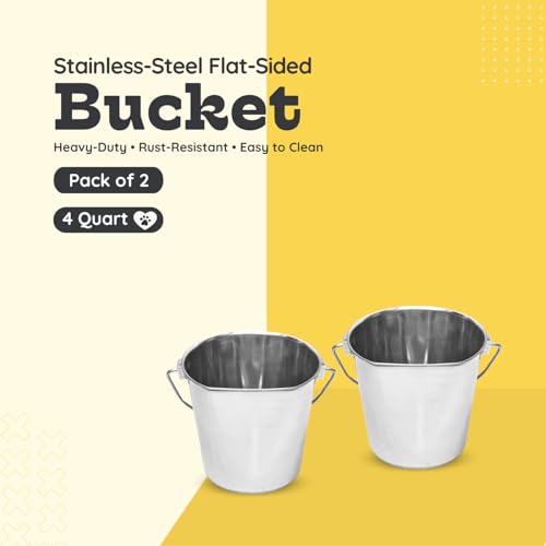 Flat Side Stainless Steel Bucket 4 Quart Hanging Feeding Pail for XL Dogs Cats Goats Sheep, Fits Kennel Cage Compatible, Heavy Duty Food and Water Feeder, 1 Gallon Silver Buckets 2 Pack - size: 4 Quart (Pack of 2)