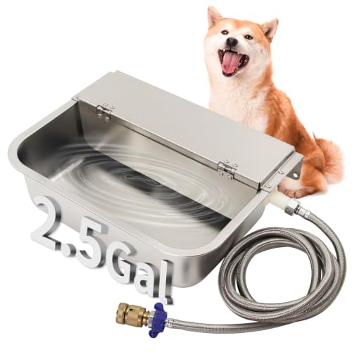 Automatic Dog Water Dispenser 2.5 Gal, 304 Stainless Steel Auto Pet Waterer Bowl with Drainage System + 6.56ft Hose + Float Valve, for Goat Chicken Horse Livestock, 3/4'' GHT Connector Included