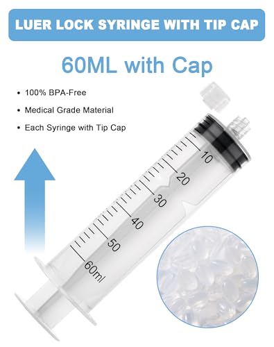 60mL Syringes without Needle, Sterile, Individually Wrapped | Luer Lock Syringe with Cap, Accurate Liquid Measurement for Lab Use and Home Care, 10 Pack - style: 60ML