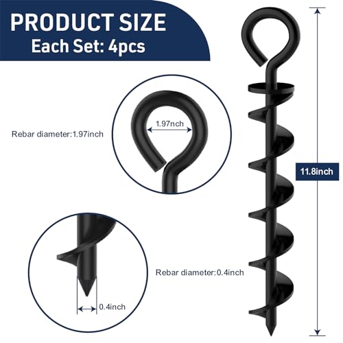 Eurmax USA 4 Pack Heavy Duty Ground Stakes,Industrial Grade Spiral Steel Screw-In Anchors with 4 Bonus Tie-Down Ropes,High Wind Stabilizing Kit for Trampolines,Dog Tie-Out,Canopies,Outdoor Sheds,Black - color: Black, style: Round Head Pro