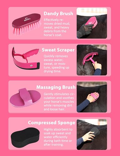 Shinewell Horse Grooming Kit, Complete Horse Brush Set, Equine Grooming Tools for Shedding & Daily Care Pink - color: Pink