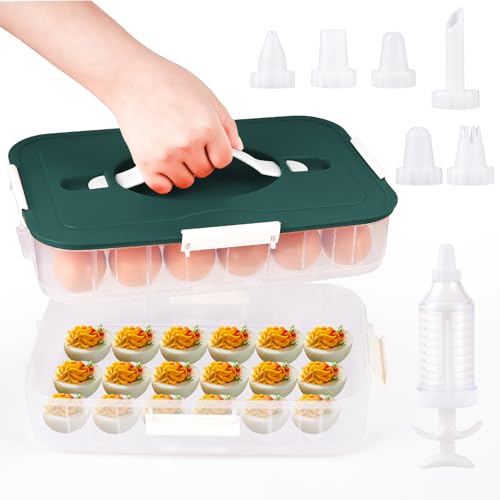 2-Layer Deviled Egg Containers with Lid,36 Slots Deviled Egg Tray Carrier | with Handle and Deviled Egg Injector Piping Tool Portable Egg Storage Carrier Tray Platter for Party Picnic Travel (green) - color: green