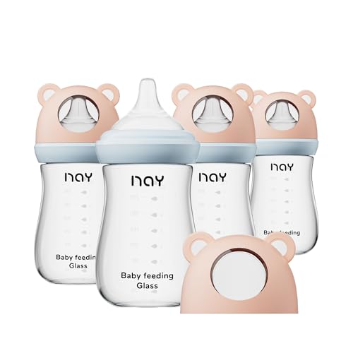yanyoyo Natural Glass Baby Bottle for Breastfeeding Babies, 8oz Anti-Colic Baby Bottle with Natural Response Nipple(M), Clear, Wide Neck, 4 Pack, 3 Months+ - color: Pink, size: 8 Ounce (Pack of 4)