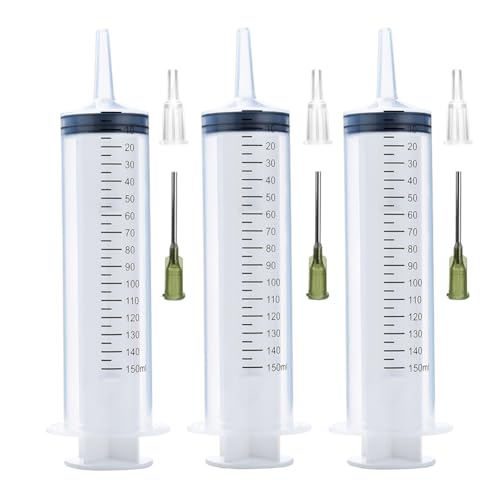 3 Pcs 150ml Large Syringes with 14G 1.5'' Blunt Tip Needles and adapters, Sterile and Individual Sealed, Easy to Use and Clean, Plastic Garden Syringe for Liquid, lip Gloss, Paint, Epoxy Resin, Oil, Watering Plants, Refilling - style: 150 ml