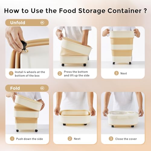 ZOMISIA 40-50lbs Dog Food Storage Container, Large Capacity Collapsible Airtight Pet Food Storage Containers with Rolling Wheels, Transparent Lid, Scoop and Date Track, Khaki - color: Khaki