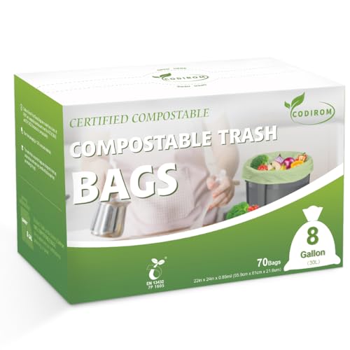 100% Compostable Trash Bags, 8 Gallon, 30 Liter, 0.85 Mils, 70 Count Large Kitchen Food Scrap Compost Bags for Kitchen Step Trash Cans with Europe EN13432 Certified - size: 70 Count (Pack of 1), style: 8 Gallon