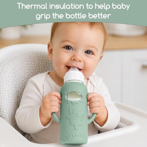 4 Pack Silicone Sleeves for Dr. Brown's Glass Baby Bottles -Drop Protection Easy-Grip Baby Bottle Sleeves Holder with Handles, Compatible with Dr. Brown's Newborn Glass Bottles 8 oz/250 mL - color: Green 4 Pack 8OZ