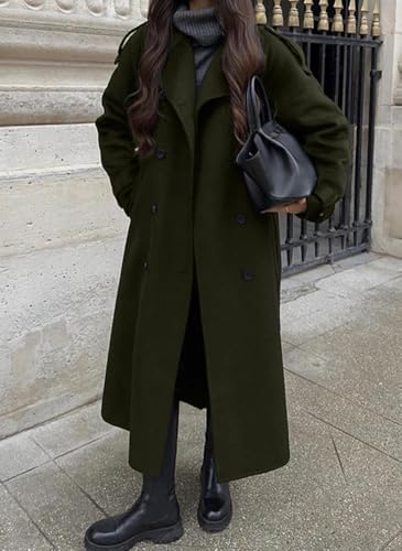 chouyatou Women's Winter Double Breasted Wool Coat Long Sleeve Notch Lapel Midi Long Winter Trench Coat with Belt - color: Army Green, size: Large