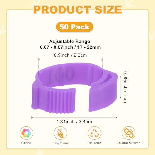 M METERXITY 50-Pack Adjustable Chickens Leg Bands, 17-22 mm Plastic Poultry Identification Chicken Leg Rings for Turkey/Duck/Goose/Chicks, Colorful Numbered Foot Clip on Tags [Purple] - color: Purple