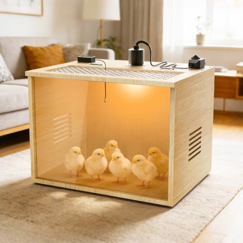 Brooder Box for Chicks, 16 Inch Wooden Chicken Brooder Box with 75W Heat Lamps, Thermometer and Tin Foil, Poultry Breeding Kit, Ideal for 3-5 Newborn Chick Duck Quail Bird Hamster, Small