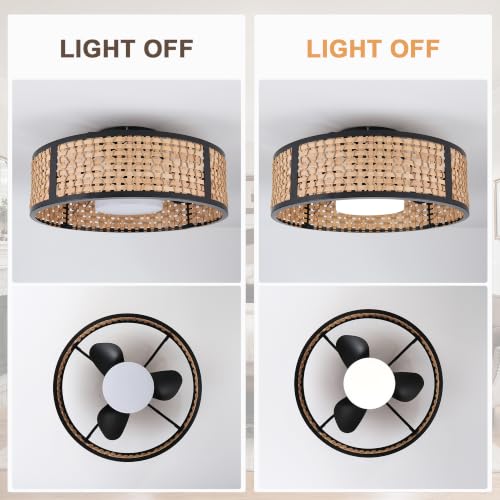 20" Boho Caged Ceiling Fan with LED Light and Remote Flush Mount | Woven Rattan Fandelier Low Profile Small Chandelier for Bedroom Kitchen Living Room 3CCT Dimmable Reversible DC Motor 6 Speed