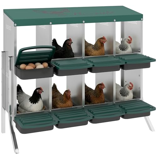 PawHut Chicken Nesting Boxes 8 Compartment for Hens Ducks, Silver | Two-Tier Egg Laying Boxes, Vented Holes, Easy Egg Collection, Metal Nesting Boxes for Chickens - size: 43.7"L x 21.7"W x 37.6"H, style: Open Front