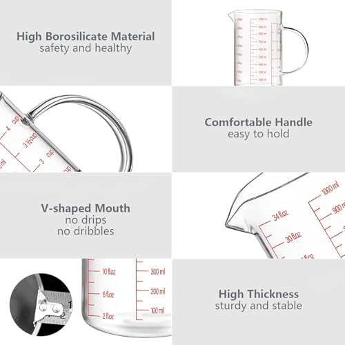 WhiteRhino Glass Measuring Cup,34oz/4Cup/1000ml Liquid Measuring Cups, Measuring Cup With Handle and V-Shaped Spout, Glass Beaker with Three Scales (OZ, Cup, ML), Dishwasher/Freezer/Microwave Safe - color: 4 Cup / 1000ml / 34oz - Glass