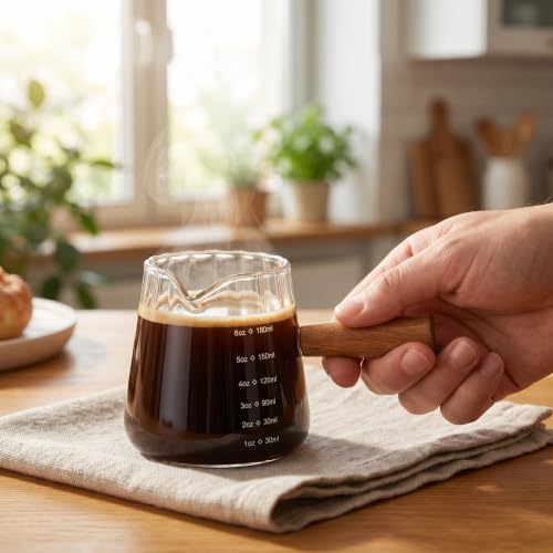 Kichvoe Glass Coffee Pourer 6oz with Wooden Handle, Espresso Measuring Cup | Heat Resistant Borosilicate Glass Milk Frothing Pitcher with Dual Scale, Creamer Cup for Coffee Bar, Latte Art & Baking
