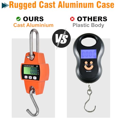 660lb Digital Hanging Scale, 300kg Heavy Duty Handheld Crane Scale with Backlit LCD, Portable Cast Aluminum Case & Hooks - Multi-Function for Farm, Hunting, Fishing, Logistics (kg/lb/N Switchable)