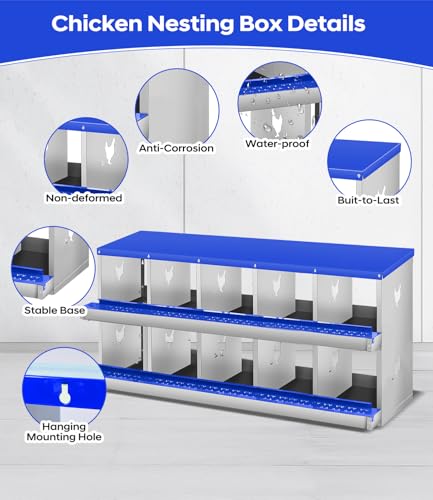 Garvee Chicken Nesting Box, 10 Compartment Metal Nesting Box | Wall Mount Chicken Nesting Boxes for Laying Eggs,Easy Egg Collection,10 Room Nest Boxes for Chickens - color: Red, size: Blue 10 Compartment