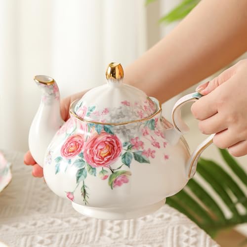 15 Piece British Bone China Tea Cup Sets, Elegant red Rose Pattern, Cups and Saucers Service for 4, with Teapot Sugar Bowl Cream Pitcher Teaspoons for Tea/Coffee, Gifts Set for Adults. - color: White and Red