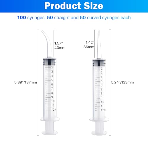 100 Pcs Dental Syringe with Curved Tip and Straight Tip ,12ml Disposable Irrigation Syringe with Measure Scale for Liquid, Oral Dental Care, Tonsil Stones Removing, Feed Small Pet,Lab