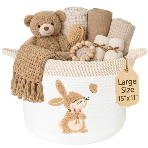 Bunny Baby Storage Basket, Woven Cotton Rope Nursery Bin, 15x11 in | Stuffed Animal and Blanket Storage, Embroidered Bunny Patch, Neutral Nursery Decor, Baby Shower, Playroom Organizer - color: Bunny