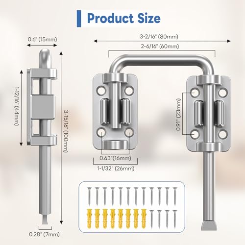 Sliding Door Loop Lock, 90/180 Degree Patio Door Latch 2 Silver | Stainless Steel Home Security Loop Latch for Sliding Barn/Single/Double Opening Gate, Shed, Closet, Window, Fence - color: Silver-2PCS