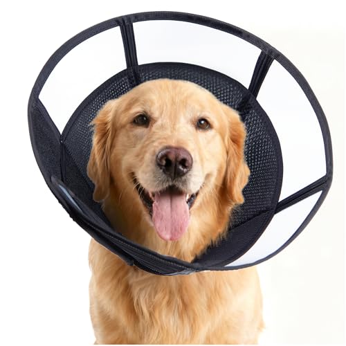 Soft Dog Cone, Stop Licking Deep Pet Recovery Collar After Surgery for Large Medium Dogs, Clear Plastic Breathable Elizabethan Head Neck Circle, Adjustable Comfortable Cones 25cm /10" Long (L Black) - color: Black, size: L(Neck:14.25-18")