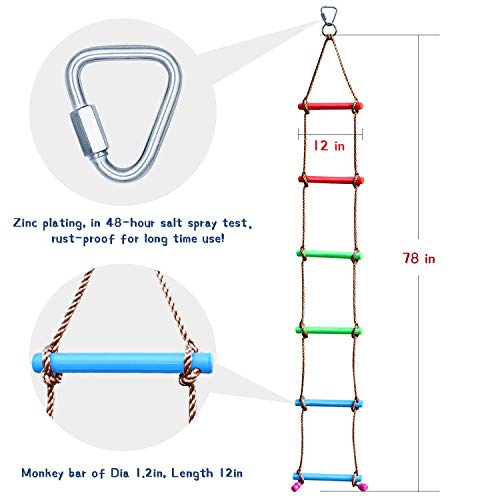 Rainbow Craft 6.6FT Ninja Rope Ladder, PP Material, Kids Obstacle Course | 220lbs Capacity, Ages 3-12, Portable with Hooks, Fits Swing Sets & Slacklines, Backyard Ninja Warrior Training