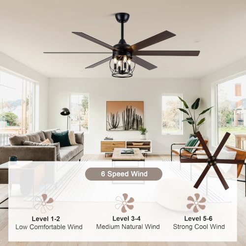 60" Farmhouse Ceiling Fan with Lights Remote Rustic Ceiling Fan | Industrial Black Caged Fandelier Large Moden Chandelier for Living Room Bedroom, 3 Downrods 6 Dual Blades 4 E12 Bulb Bases - color: Caged, size: 60 Inch