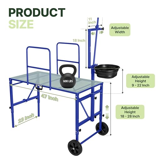 Goat Stand with Adjustable Headpiece & Legs, Goat Milking Stand with Feeder, Rails & Wheels, Stanchion for Grooming & Hoof Trimming, Sheep Stand for Shearing Heavy-Duty Steel Platform, Blue - color: BLUE