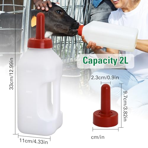 Calf Bottle with Hand Grip Handle and a Replacement Nipple, 2 Quart Calf Milk Feeder Nursing Feeding Bottle, Red, Natural Rubber Nipples - size: 32 Count (Pack of 2)