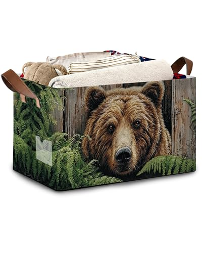 Vintage Bear Wooden Storage Baskets,Ferns Plants Foldable Large Capacity Organizer Bins with Waterproof Lining and Leather Handles for Closet, Shelf, Bedroom 17x11.5x10Inch - color: Vintage Bear Wooden Ferns Plants