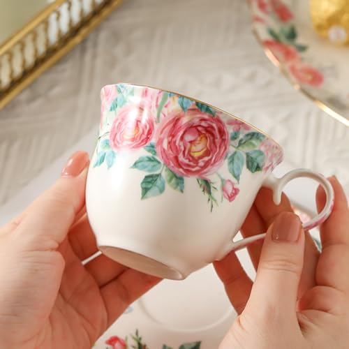 15 Piece British Bone China Tea Cup Sets, Elegant red Rose Pattern, Cups and Saucers Service for 4, with Teapot Sugar Bowl Cream Pitcher Teaspoons for Tea/Coffee, Gifts Set for Adults. - color: White and Red