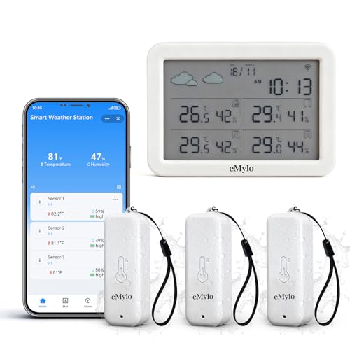 eMylo WiFi Indoor Outdoor Thermometer Hygrometer with 3 Remote Sensors | Temperature Humidity Monitor with Large LCD Display, App Alerts, 426 ft Range for Home, Greenhouse, Baby Room & Wine Cellar