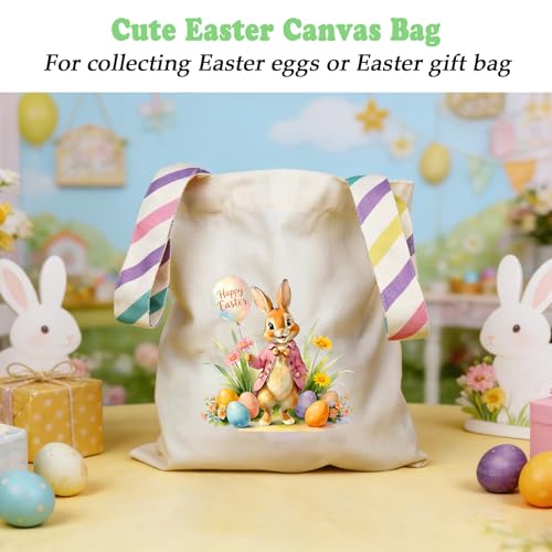 Easter Basket Bunny Canvas Tote Bag, 12.2x11 Inches, Natural Canvas, Hand-Carry, for Gift and Easter Egg Collection - color: A-pink